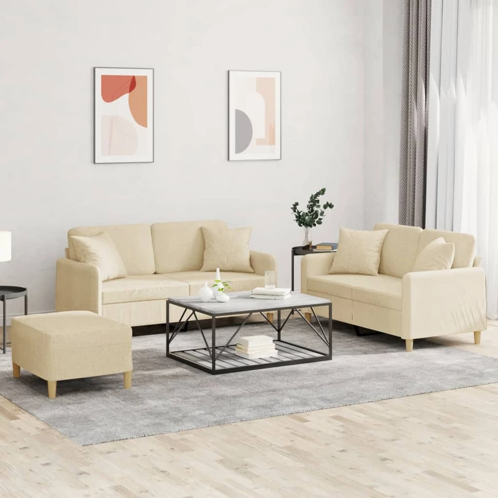 Sofa Sofos komplektas su pagalvėmis, 3 dalių, kreminis, audinys