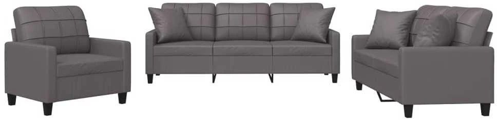Sofa Sofos komplektas su pagalvėmis, 3 dalių, pilkas, dirbtinė oda