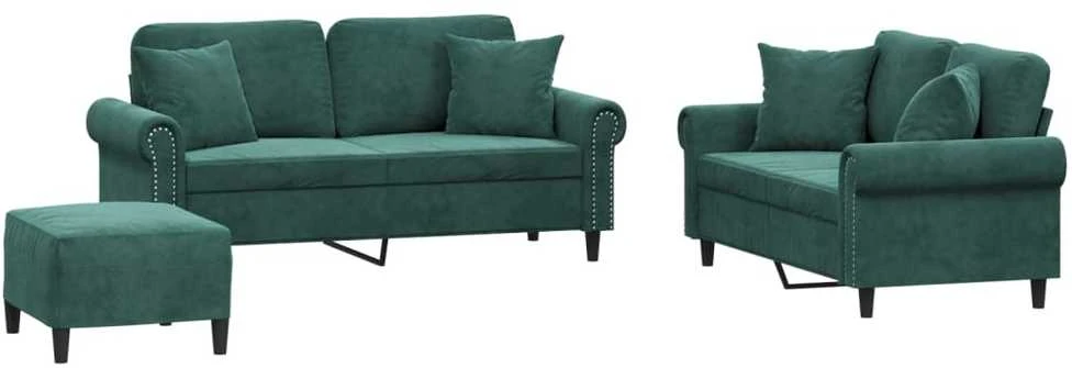 Sofa Sofos komplektas su pagalvėmis, 3 dalių, žalias, aksomas