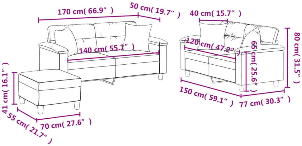 Sofa Sofos komplektas su pagalvėmis, 3 dalių, kreminis, audinys