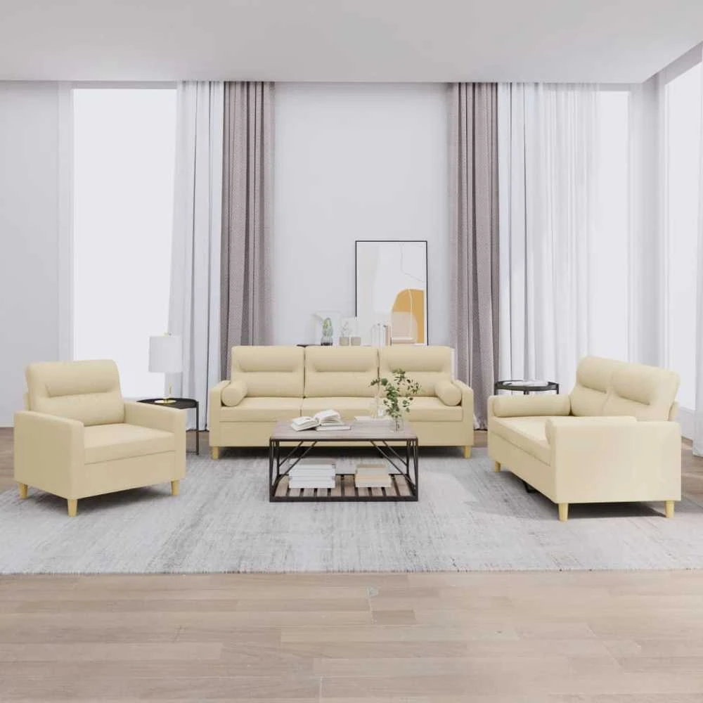 Sofa Sofos komplektas su pagalvėmis, 3 dalių, kreminis, audinys