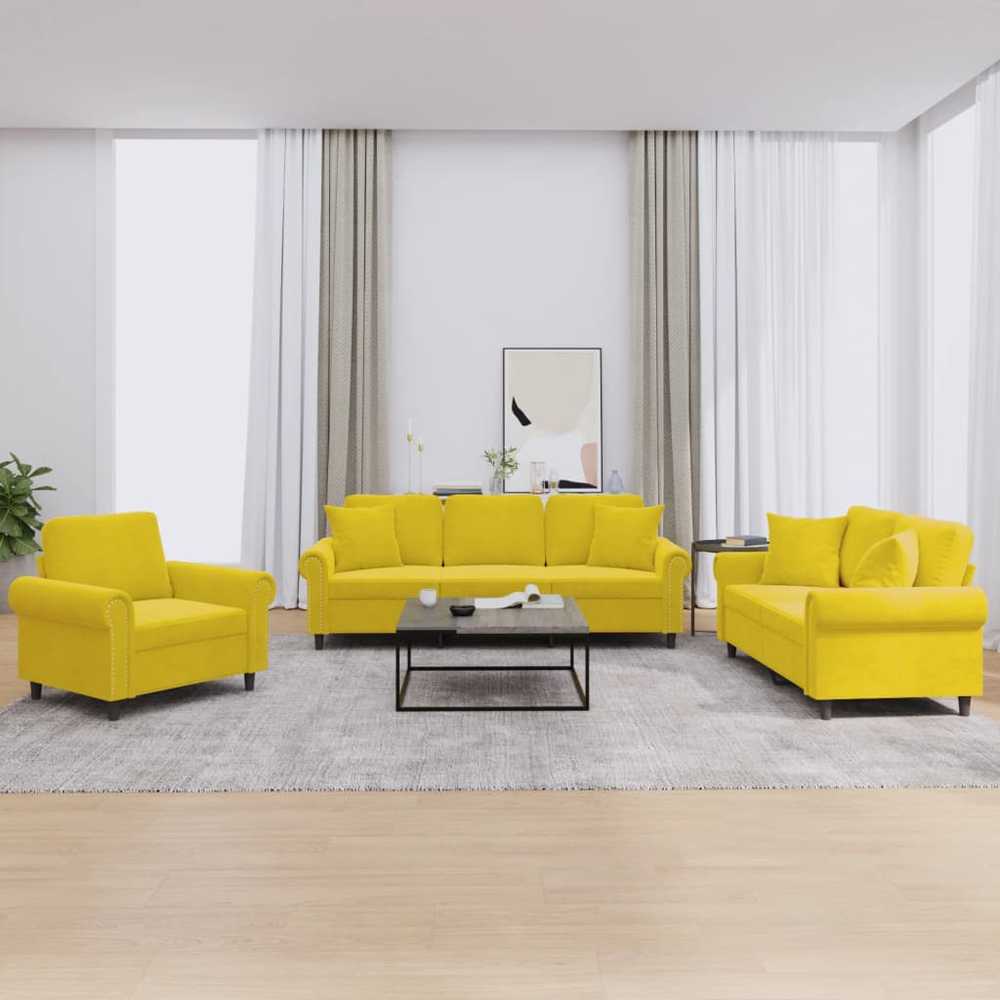 Sofa Sofos komplektas su pagalvėmis, 3 dalių, geltonas, aksomas