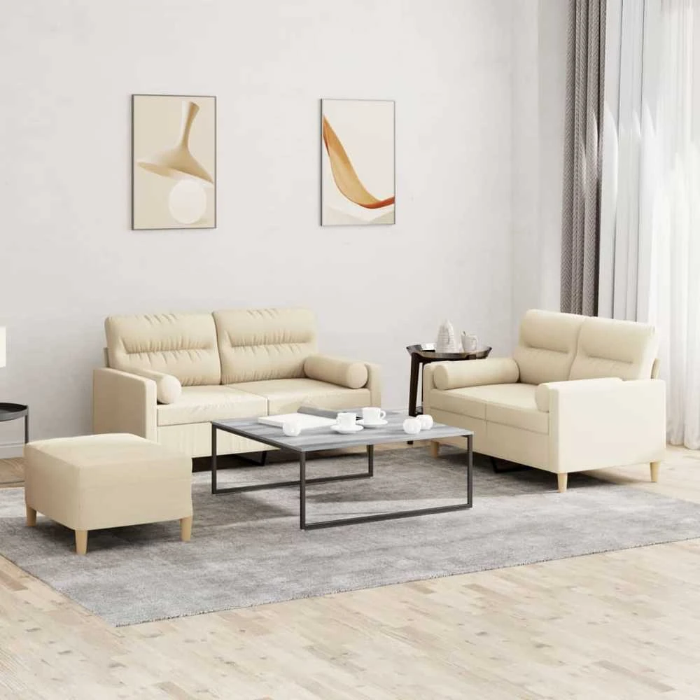 Sofa Sofos komplektas su pagalvėmis, 3 dalių, kreminis, audinys