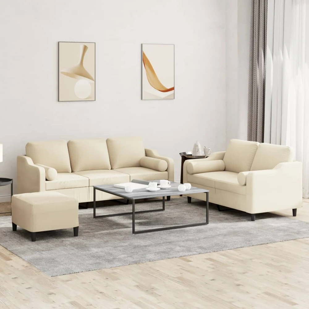 Sofa Sofos komplektas su pagalvėmis, 3 dalių, kreminis, audinys