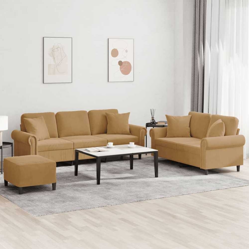 Sofa Sofos komplektas su pagalvėmis, 3 dalių, rudas, aksomas