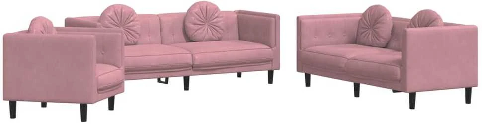 Sofa Sofos komplektas su pagalvėmis, 3 dalių, rožinis, aksomas