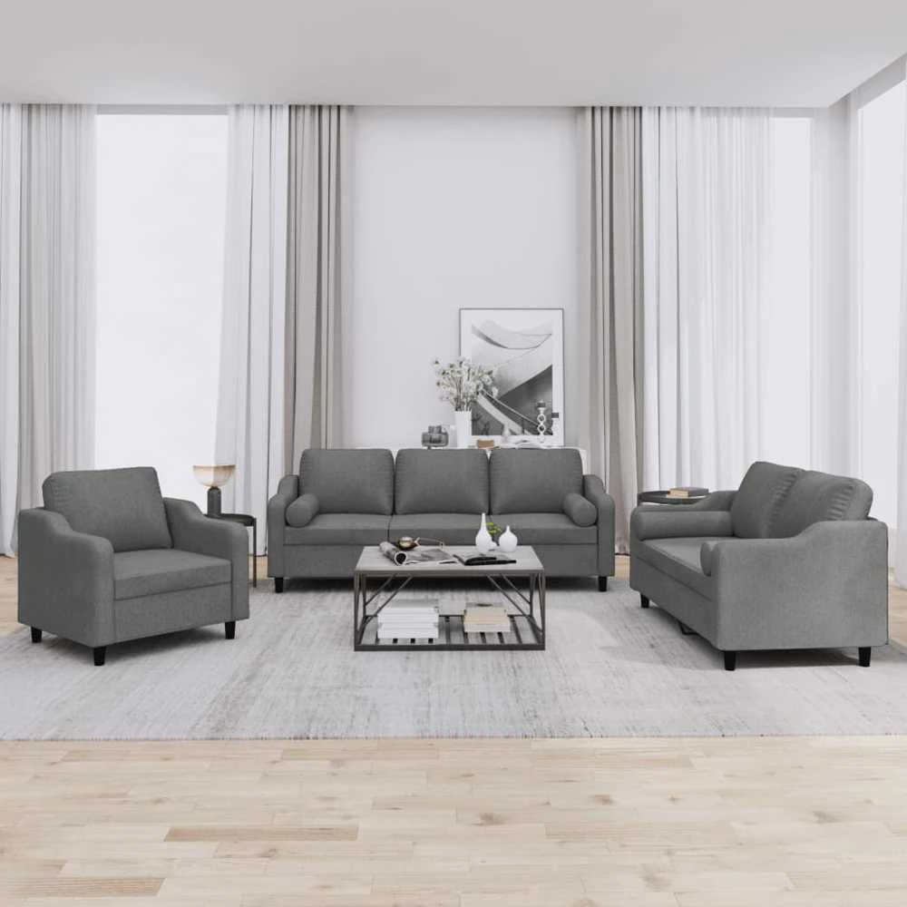 Sofa Sofos komplektas su pagalvėmis, 3 dalių, pilkas, audinys