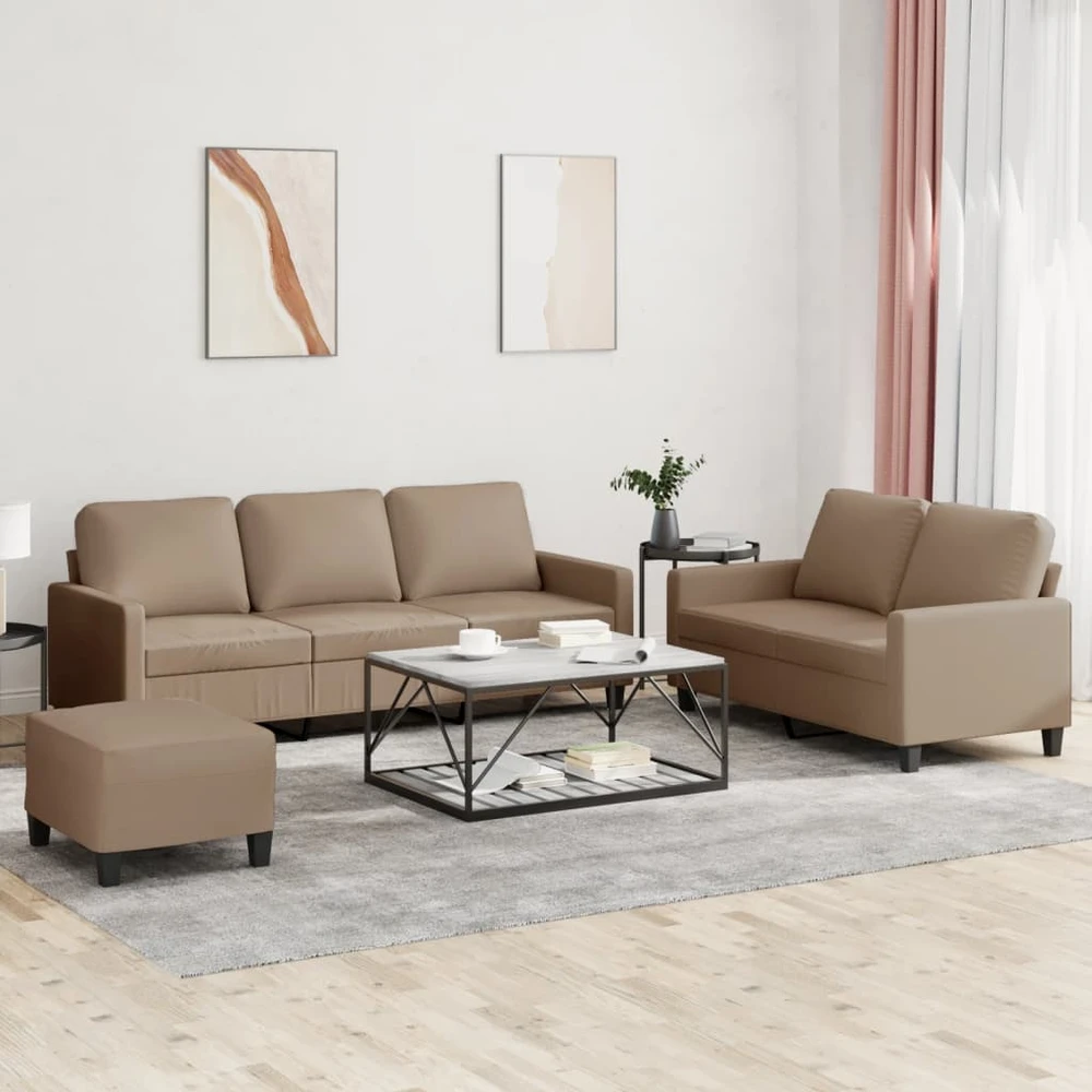 Sofa Sofos komplektas su pagalvėmis, 3 dalių, kapučino, dirbtinė oda