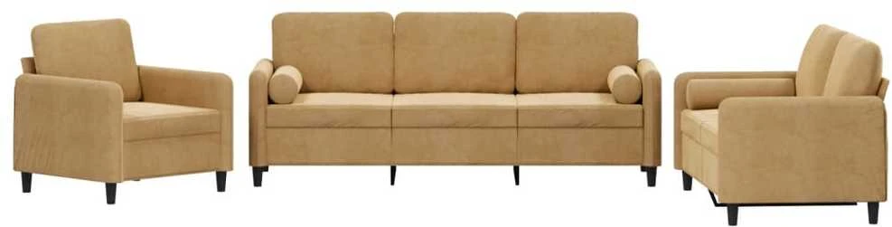 Sofa Sofos komplektas su pagalvėmis, 3 dalių, rudas, aksomas
