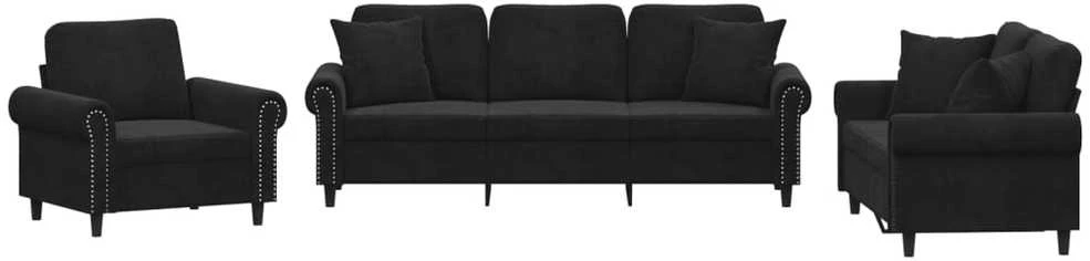 Sofa Sofos komplektas su pagalvėmis, 3 dalių, juodas, aksomas