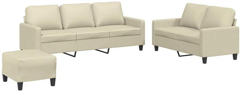 Sofa Sofos komplektas su pagalvėmis, 3 dalių, kreminis, dirbtinė oda