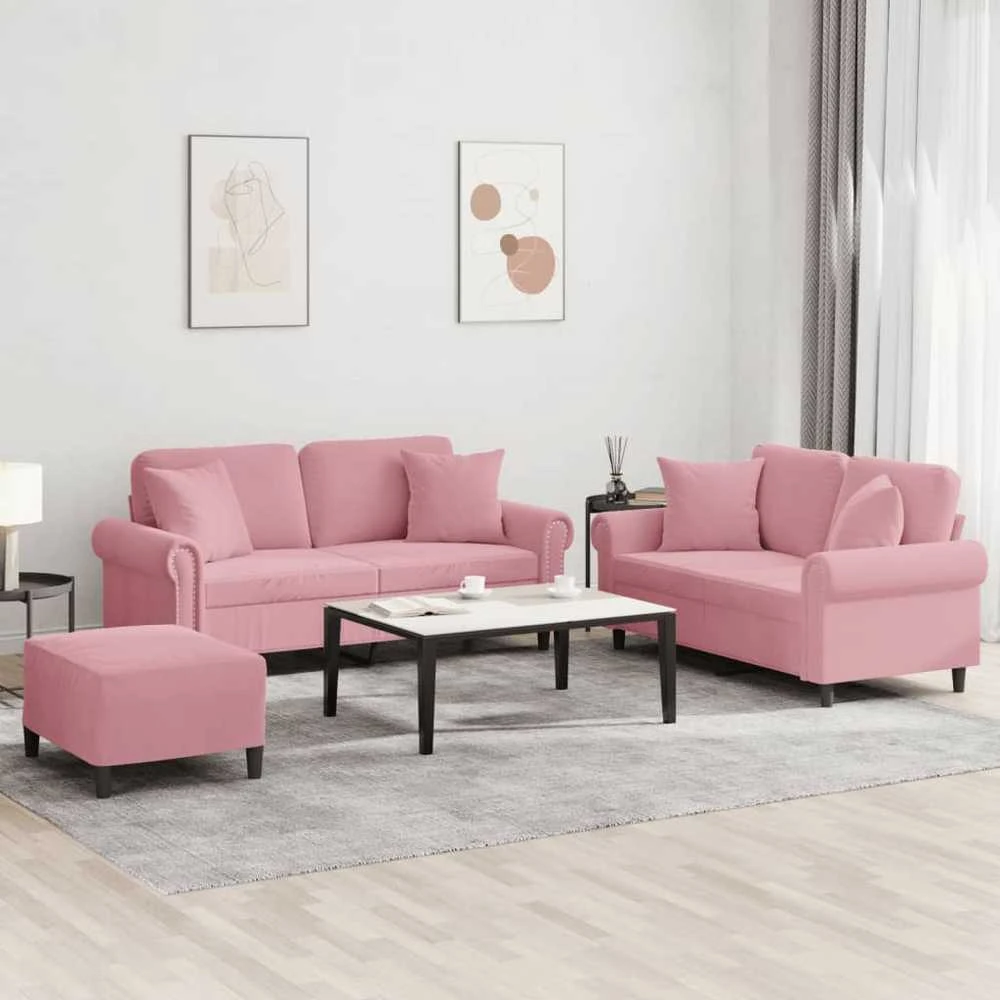 Sofa Sofos komplektas su pagalvėmis, 3 dalių, rožinis, aksomas