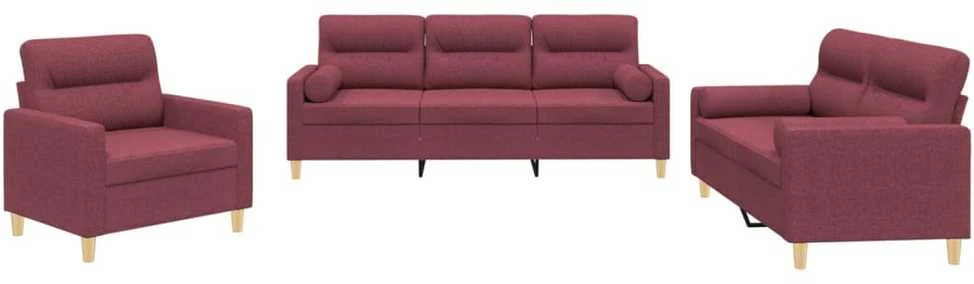 Sofa Sofos komplektas su pagalvėmis, 3 dalių, vyno, audinys