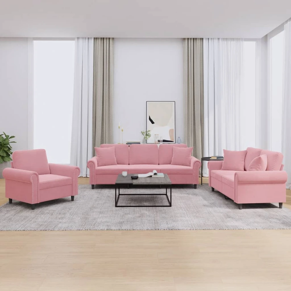 Sofa Sofos komplektas su pagalvėmis, 3 dalių, rožinis, aksomas