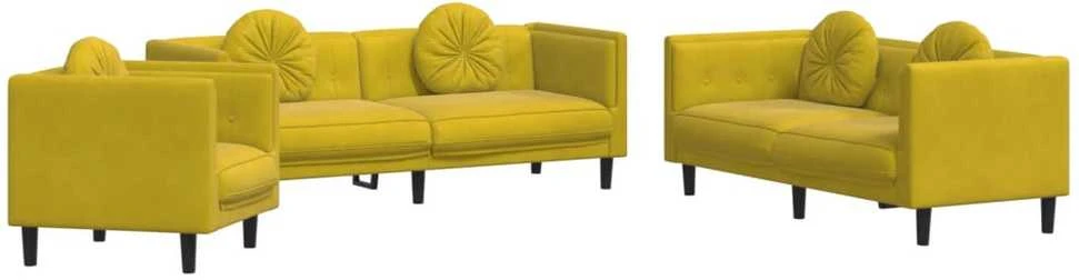 Sofa Sofos komplektas su pagalvėmis, 3 dalių, geltonas, aksomas