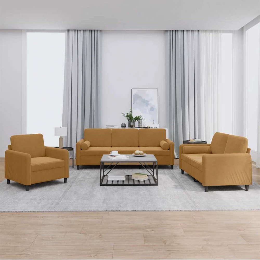 Sofa Sofos komplektas su pagalvėmis, 3 dalių, rudas, aksomas