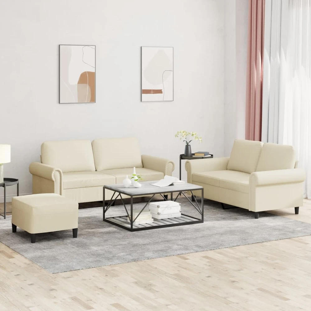 Sofa Sofos komplektas su pagalvėmis, 3 dalių, kreminis, dirbtinė oda