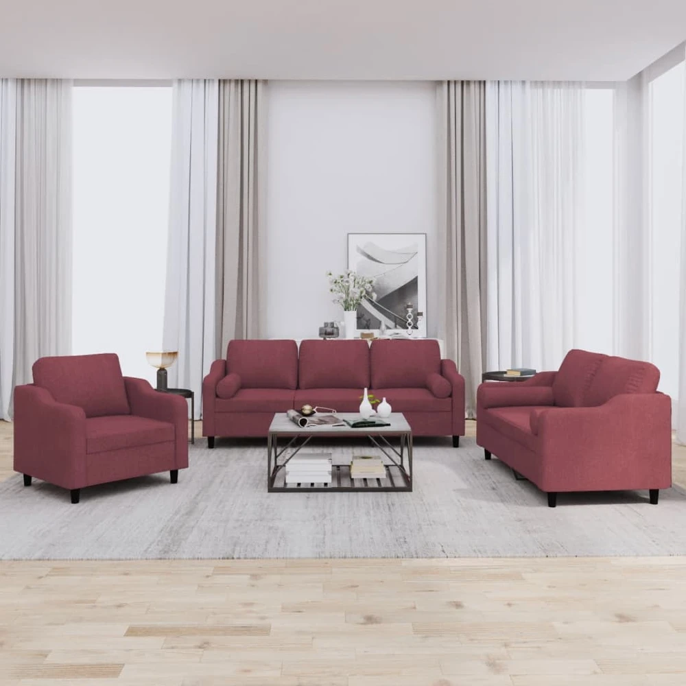 Sofa Sofos komplektas su pagalvėmis, 3 dalių, vyno, audinys