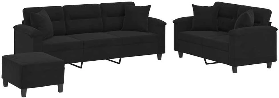 Sofa Sofos komplektas su pagalvėmis, 3 dalių, juodas, audinys