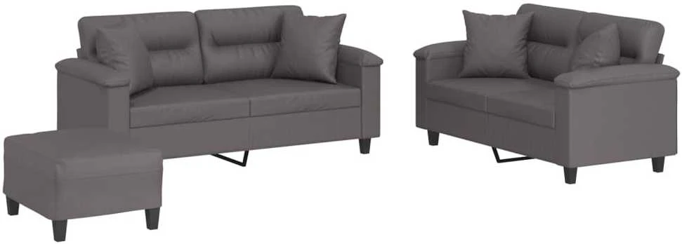 Sofa Sofos komplektas su pagalvėmis, 3 dalių, pilkas, dirbtinė oda