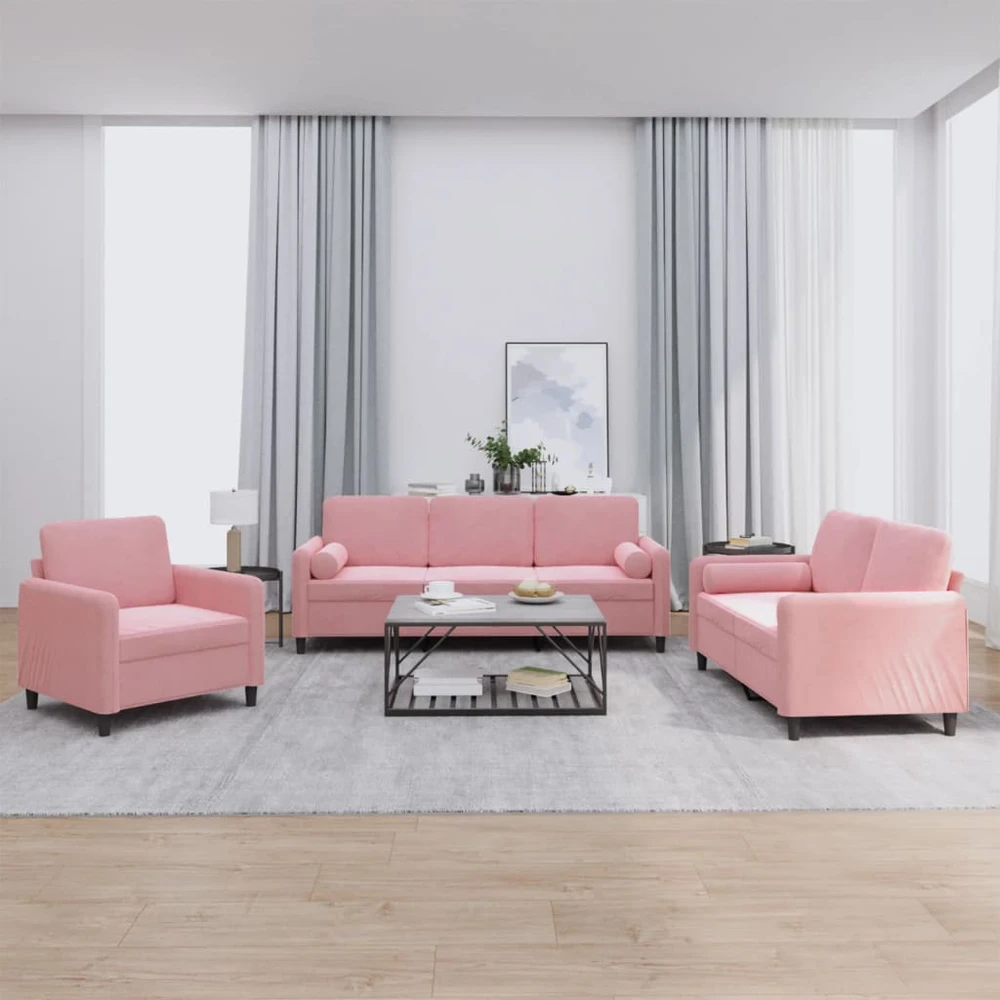 Sofa Sofos komplektas su pagalvėmis, 3 dalių, rožinis, aksomas