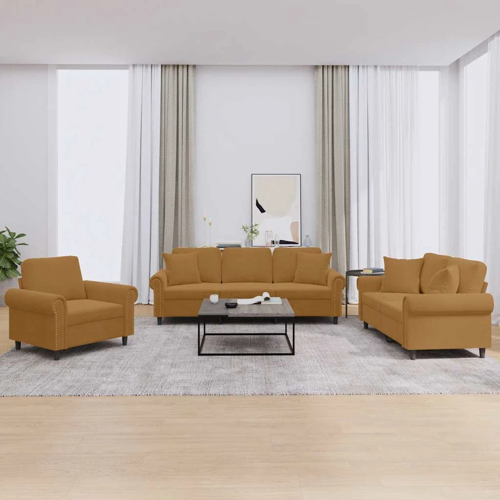 Sofa Sofos komplektas su pagalvėmis, 3 dalių, rudas, aksomas