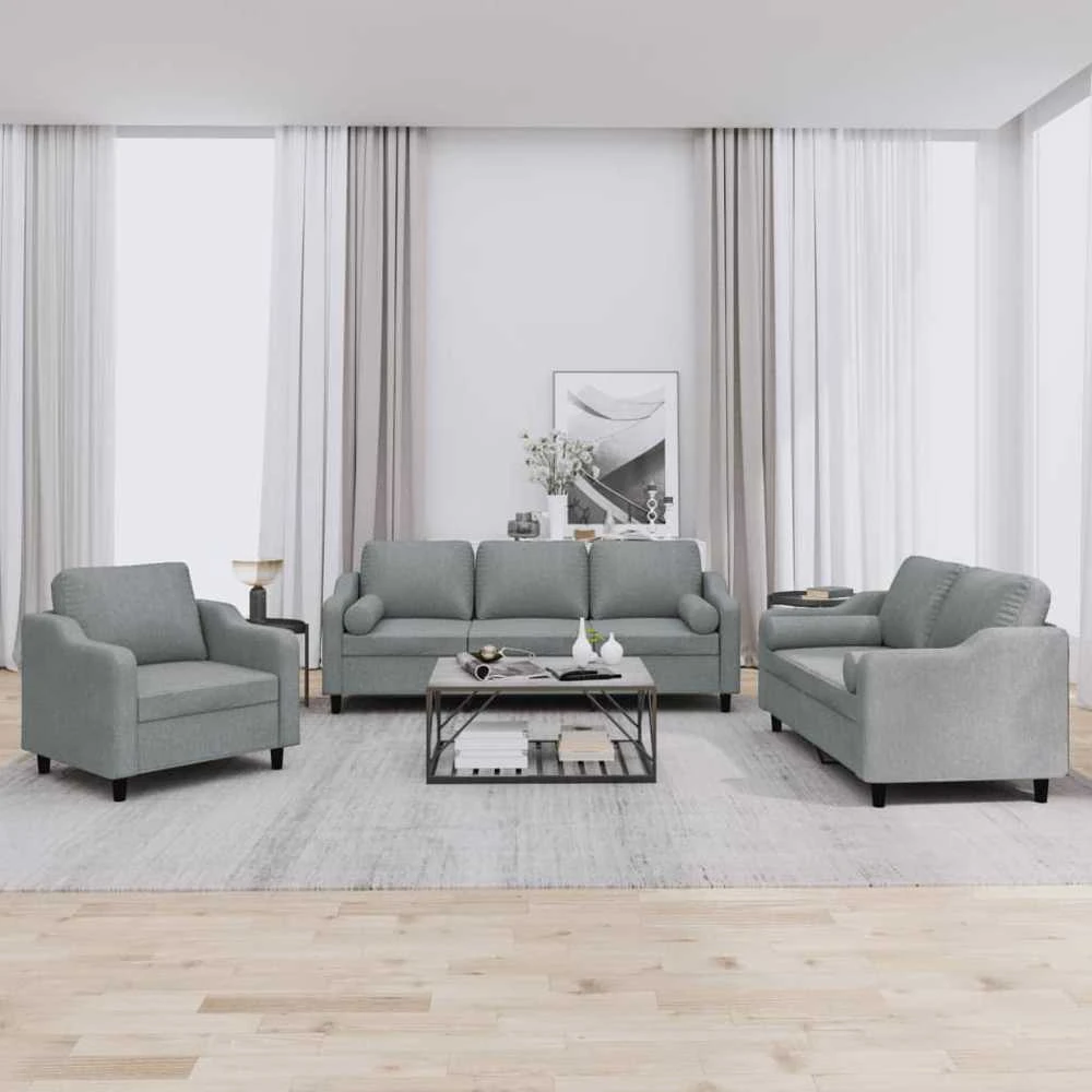 Sofa Sofos komplektas su pagalvėmis, 3 dalių, pilkas, audinys