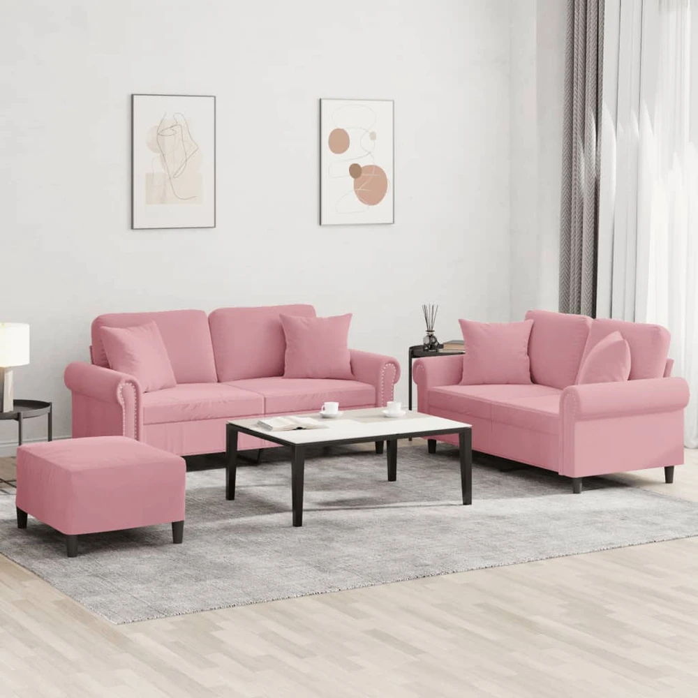 Sofa Sofos komplektas su pagalvėmis, 3 dalių, rožinis, aksomas