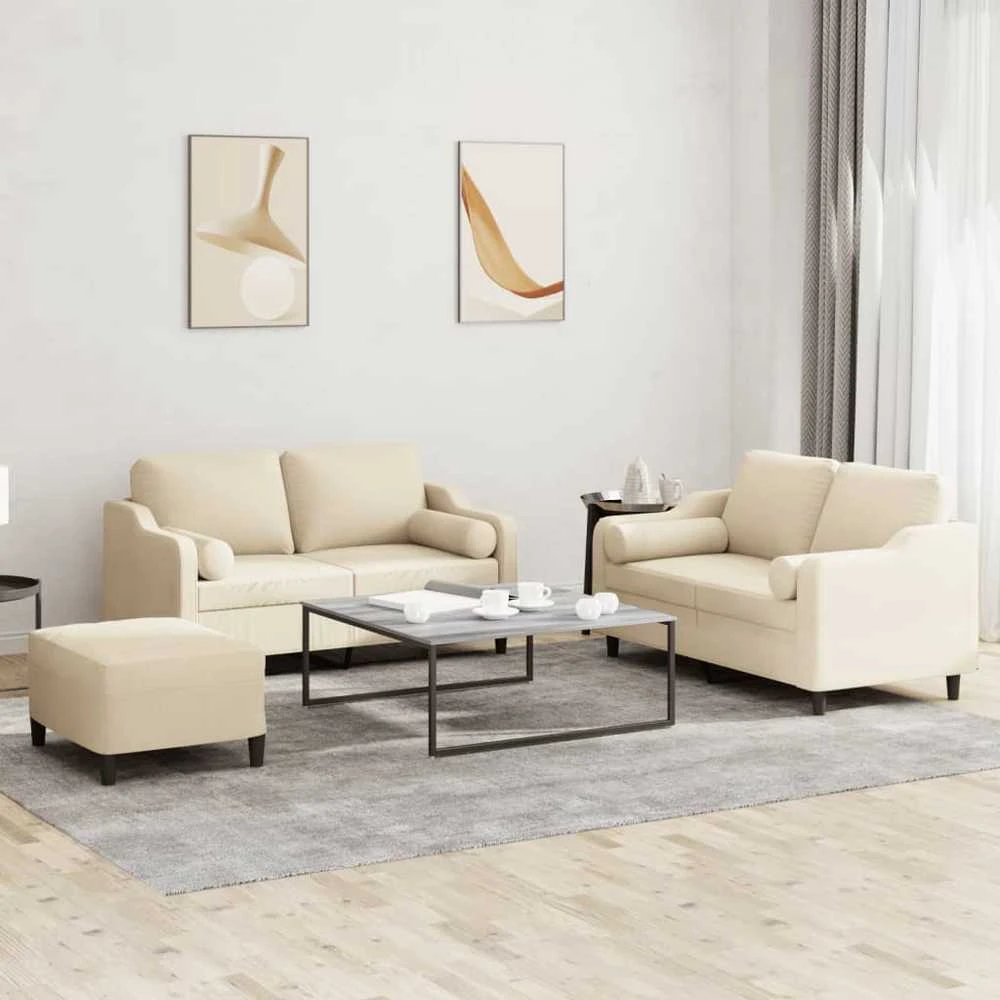 Sofa Sofos komplektas su pagalvėmis, 3 dalių, kreminis, audinys