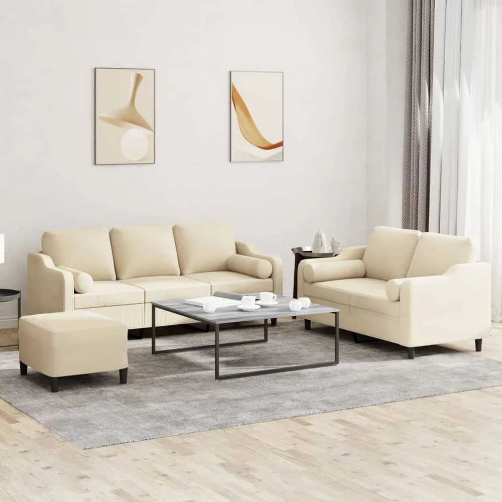 Sofa Sofos komplektas su pagalvėmis, 3 dalių, kreminis, audinys