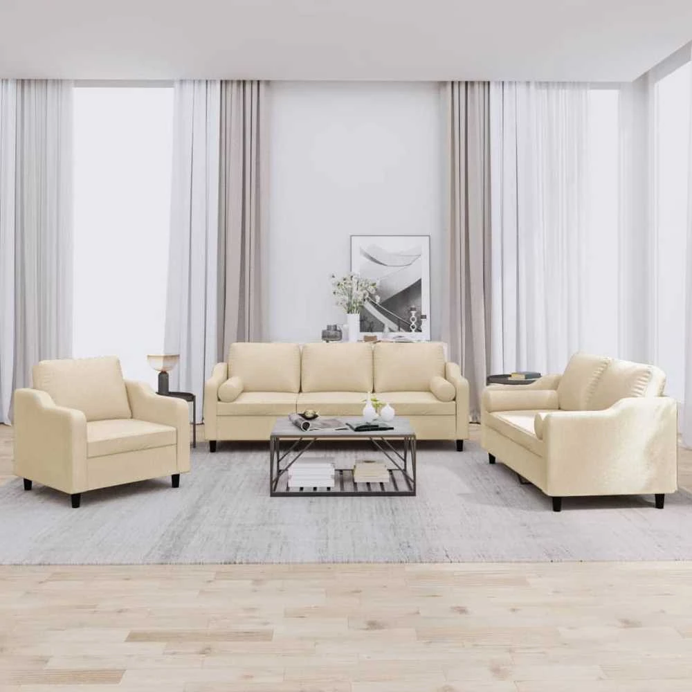 Sofa Sofos komplektas su pagalvėmis, 3 dalių, kreminis, audinys