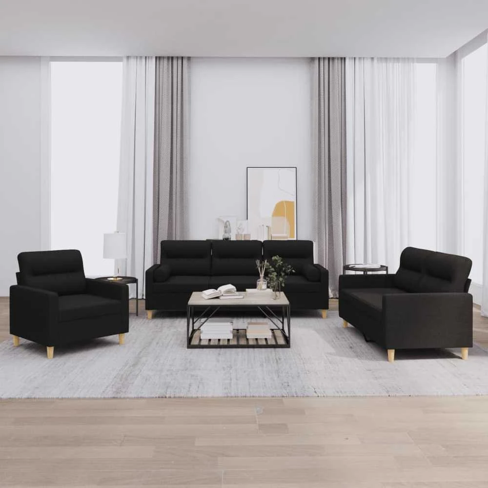 Sofa Sofos komplektas su pagalvėmis, 3 dalių, juodas, audinys