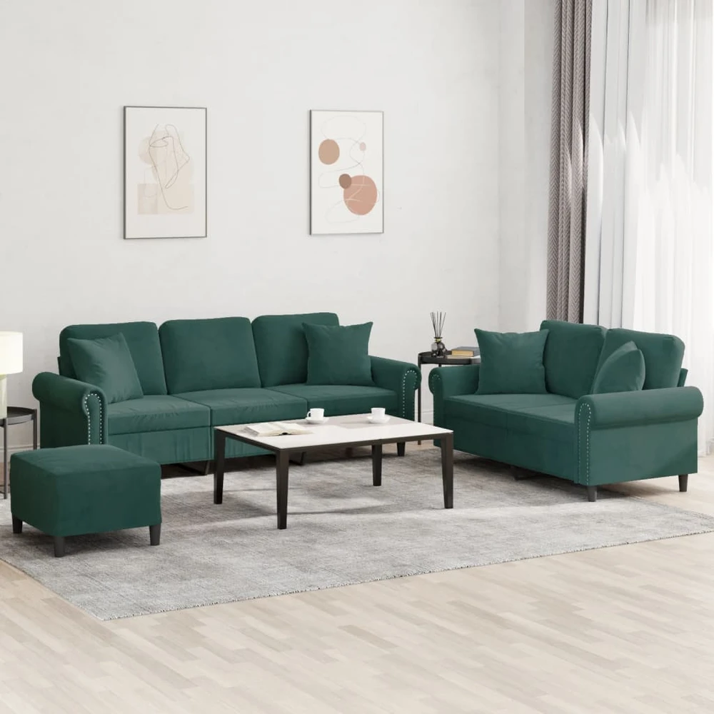 Sofa Sofos komplektas su pagalvėmis, 3 dalių, žalias, aksomas