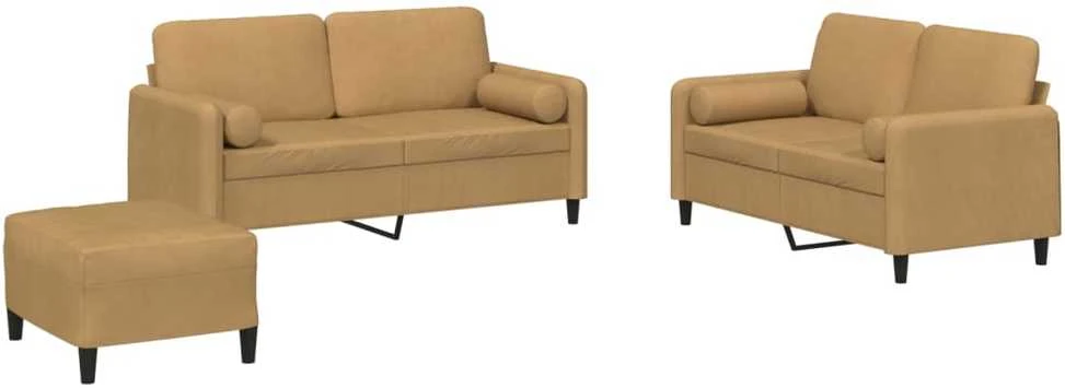 Sofa Sofos komplektas su pagalvėmis, 3 dalių, rudas, aksomas