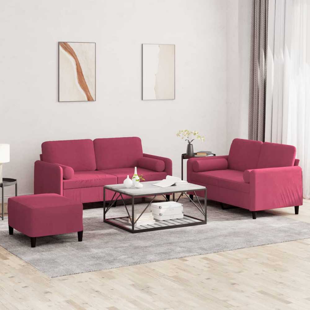 Sofa Sofos komplektas su pagalvėmis, 3 dalių, vyno, aksomas