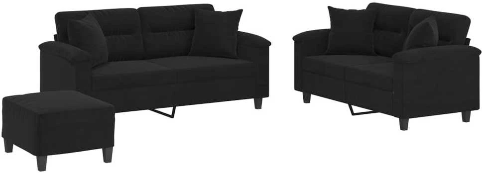 Sofa Sofos komplektas su pagalvėmis, 3 dalių, juodas, audinys