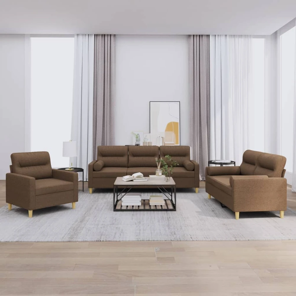 Sofa Sofos komplektas su pagalvėmis, 3 dalių, rudas, audinys