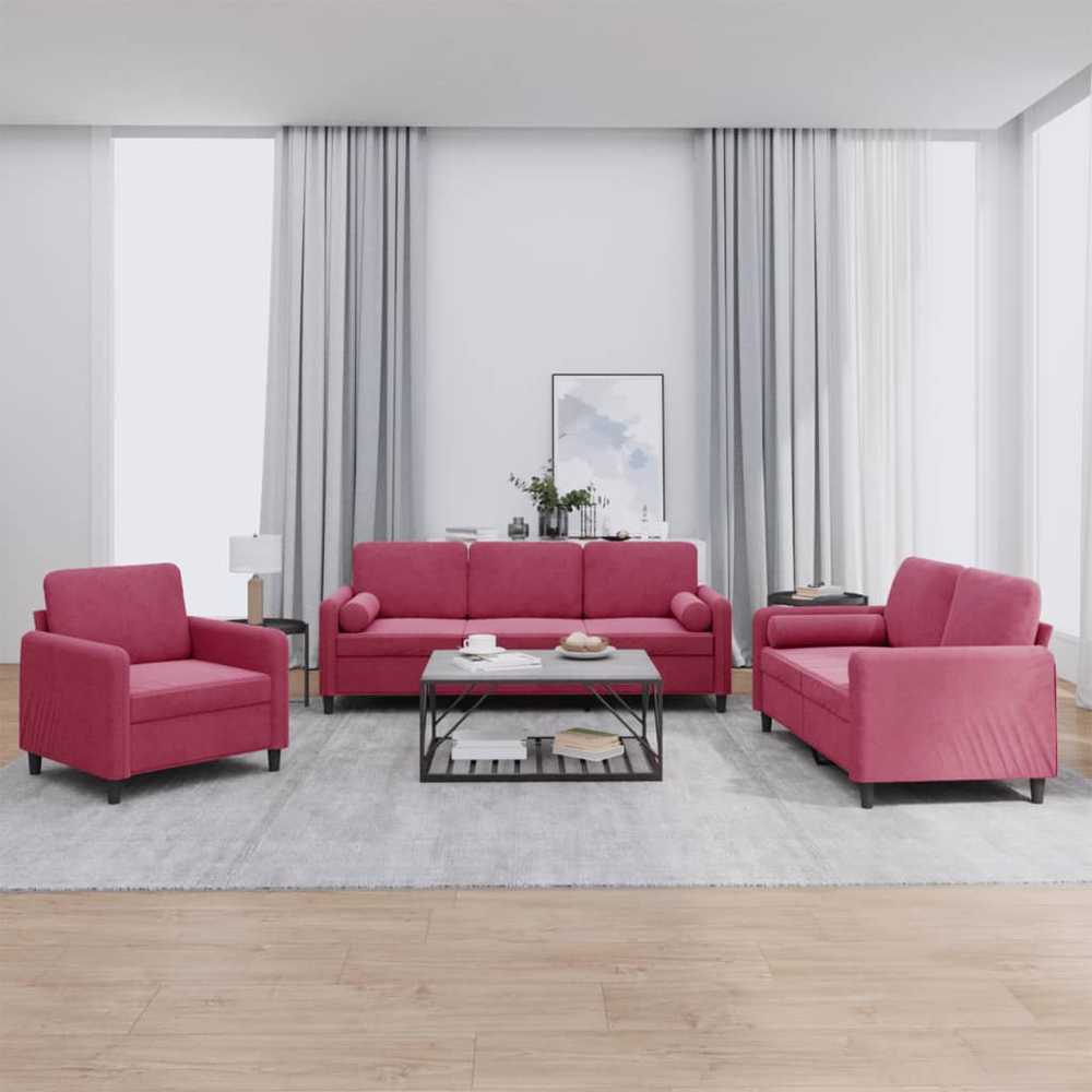 Sofa Sofos komplektas su pagalvėmis, 3 dalių, vyno, aksomas