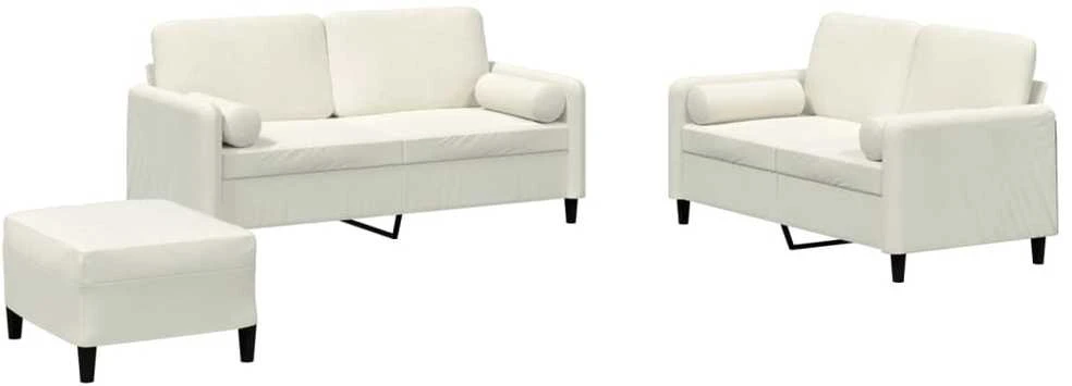 Sofa Sofos komplektas su pagalvėmis, 3 dalių, kreminis, aksomas