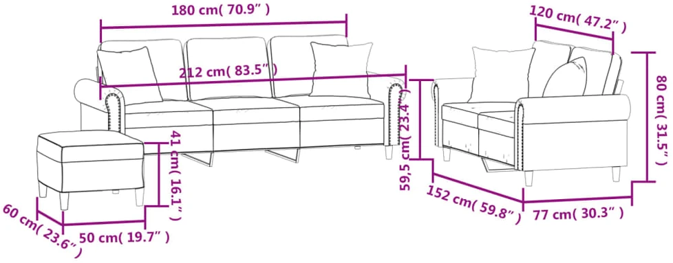 Sofa Sofos komplektas su pagalvėmis, 3 dalių, žalias, aksomas