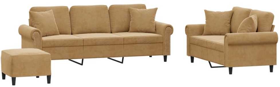 Sofa Sofos komplektas su pagalvėmis, 3 dalių, rudas, aksomas