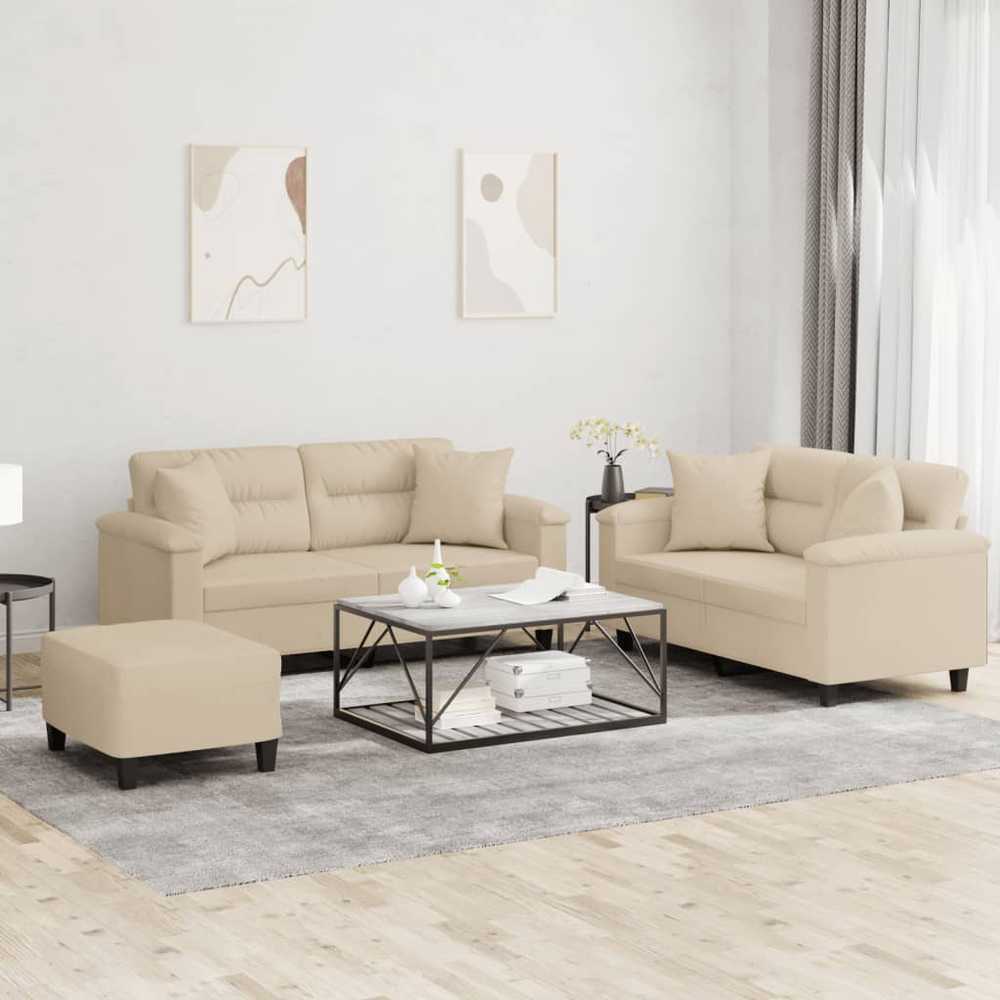 Sofa Sofos komplektas su pagalvėmis, 3 dalių, kreminis, audinys
