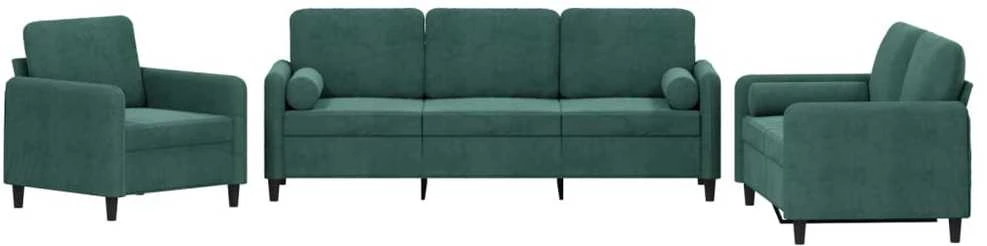 Sofa Sofos komplektas su pagalvėmis, 3 dalių, žalias, aksomas