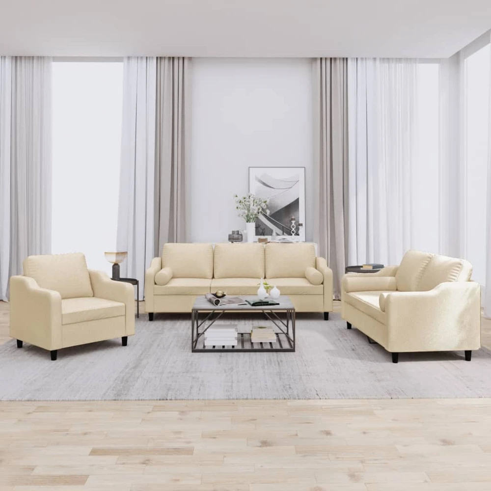 Sofa Sofos komplektas su pagalvėmis, 3 dalių, kreminis, audinys