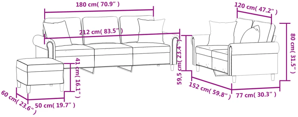 Sofa Sofos komplektas su pagalvėmis, 3 dalių, kreminis, aksomas