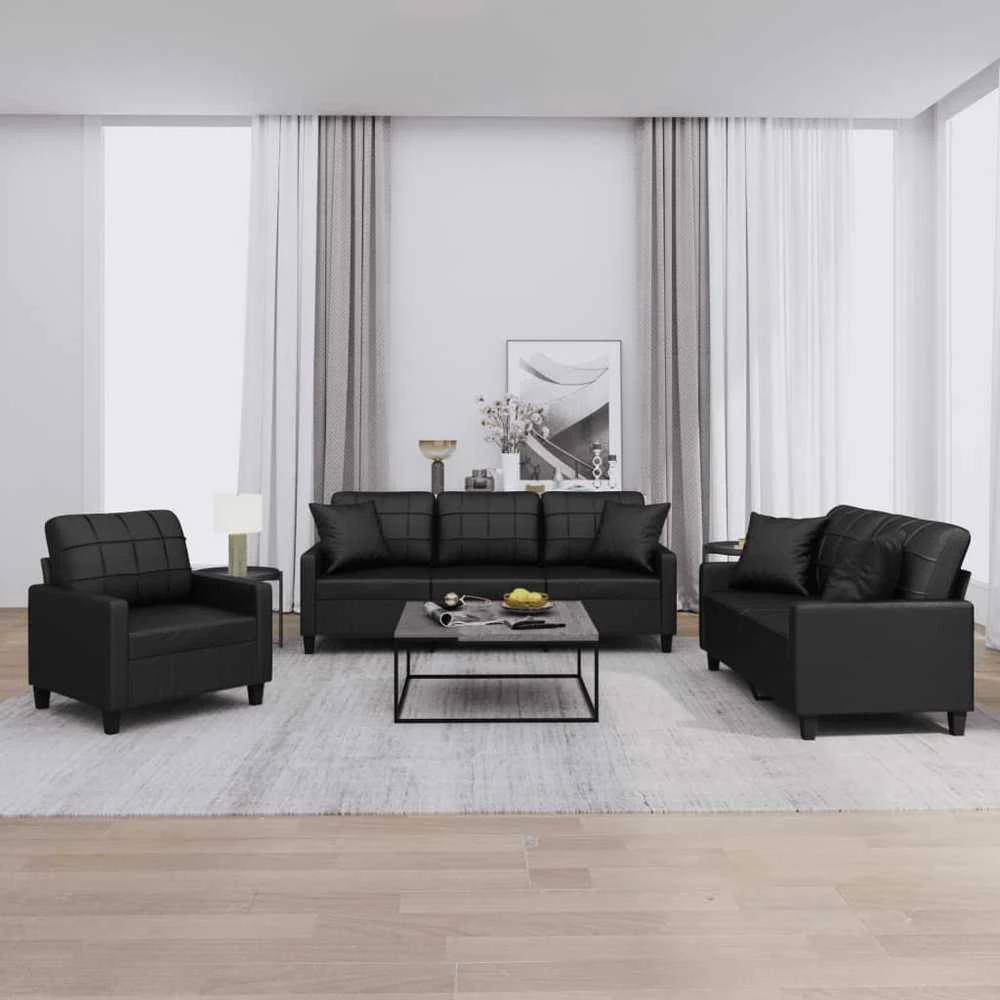 Sofa Sofos komplektas su pagalvėmis, 3 dalių, juodas, dirbtinė oda