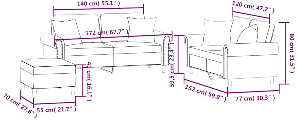Sofa Sofos komplektas su pagalvėmis, 3 dalių, rudas, aksomas