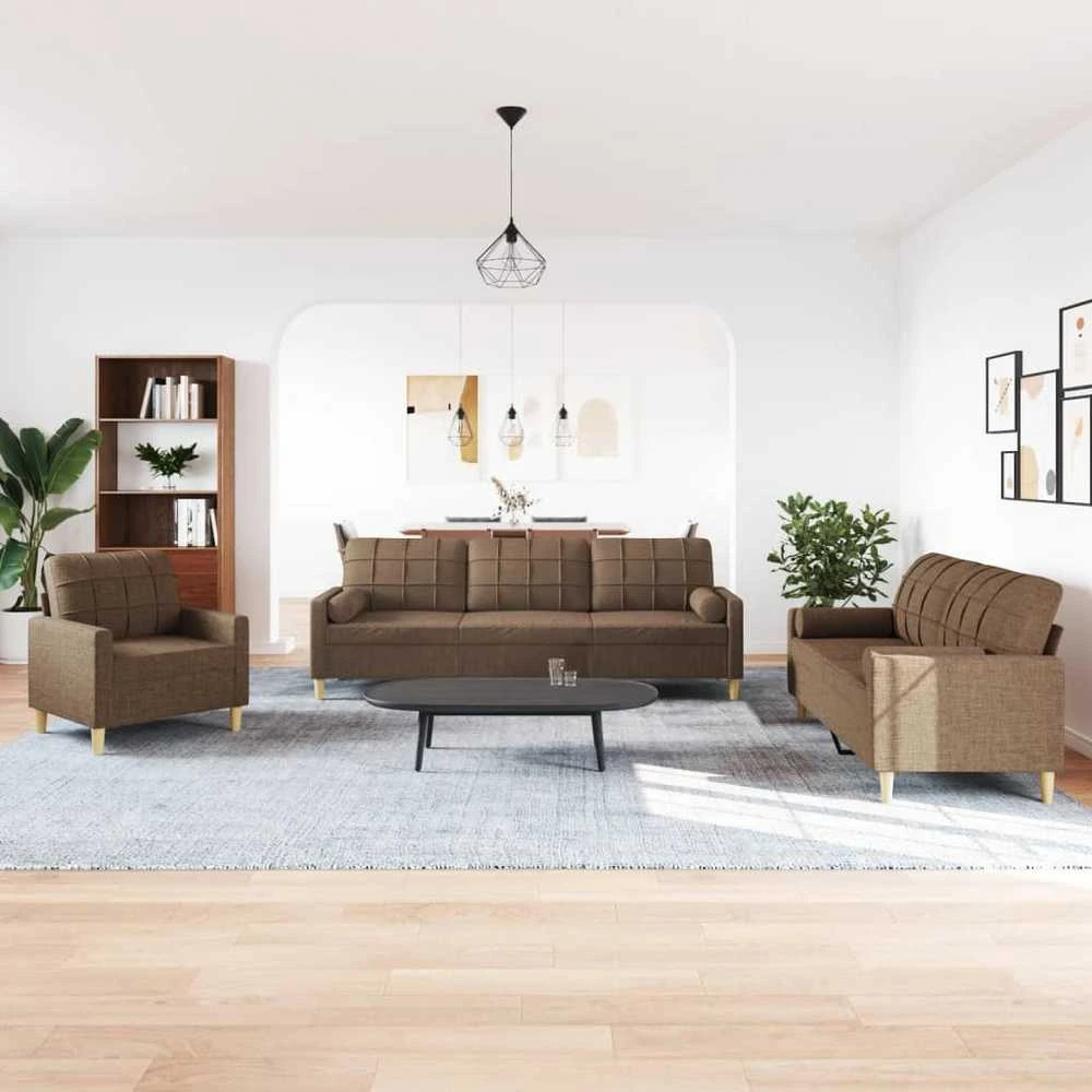 Sofa Sofos komplektas su pagalvėmis, 3 dalių, rudas, audinys
