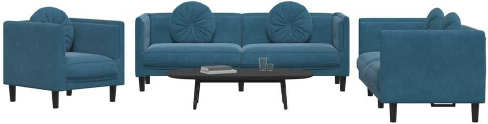 Sofa Sofos komplektas su pagalvėmis, 3 dalių, mėlynas, aksomas