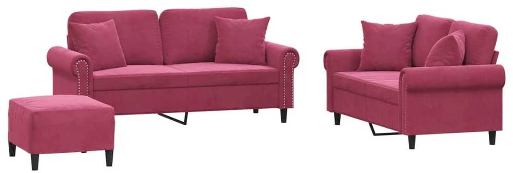 Sofa Sofos komplektas su pagalvėmis, 3 dalių, vyno, aksomas